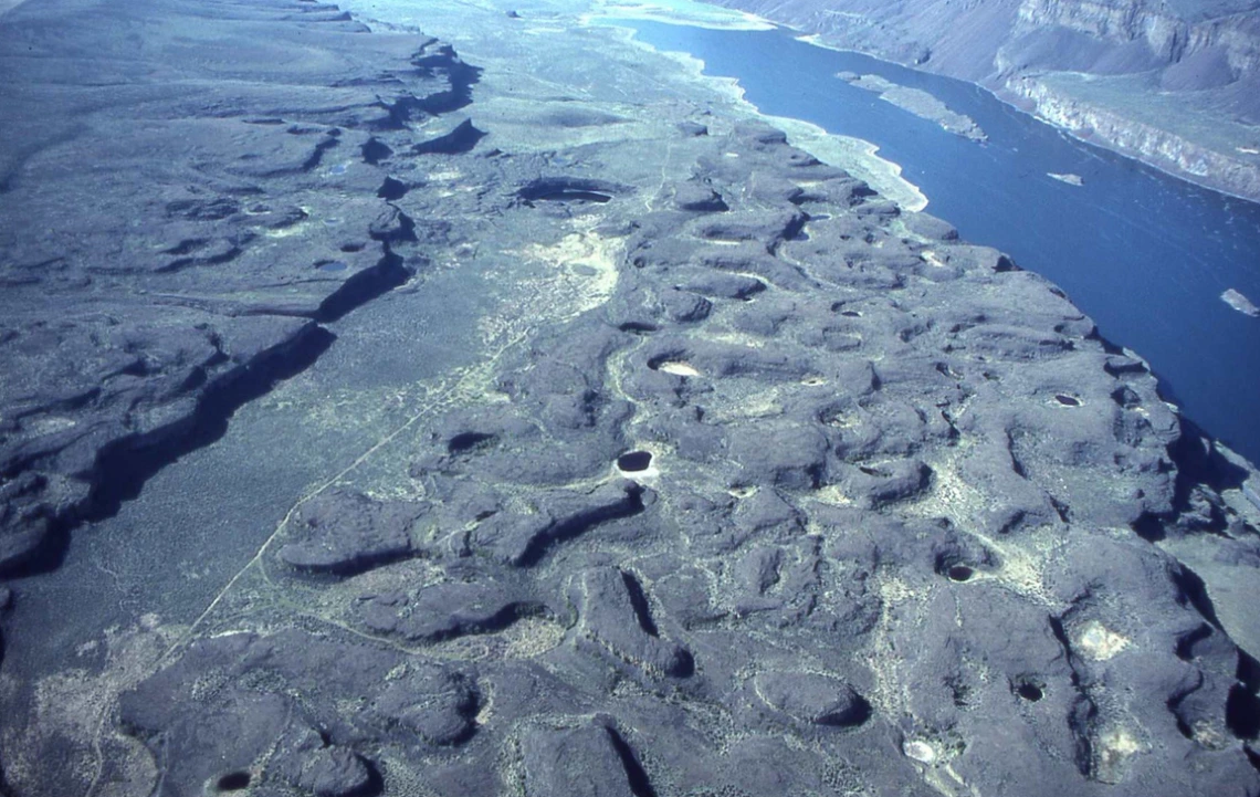 Rock basins eroded into Columbia River Basalat at Lenore canyon Lower Grand Coulee in the Channeled Scabland of Eastern Washington